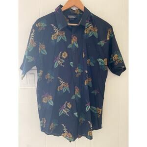 EZEKIEL black tropical button down short sleeve semi-sheer shirt size large